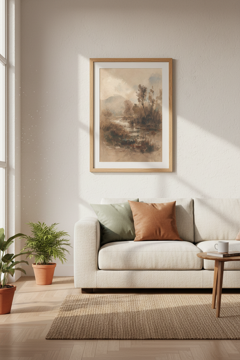 Earthy landscape art | moody tones, living room decor