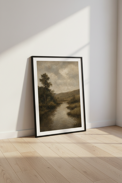 Moody River Landscape | Vintage Oil Style, Earthy Tone Wall Art Print