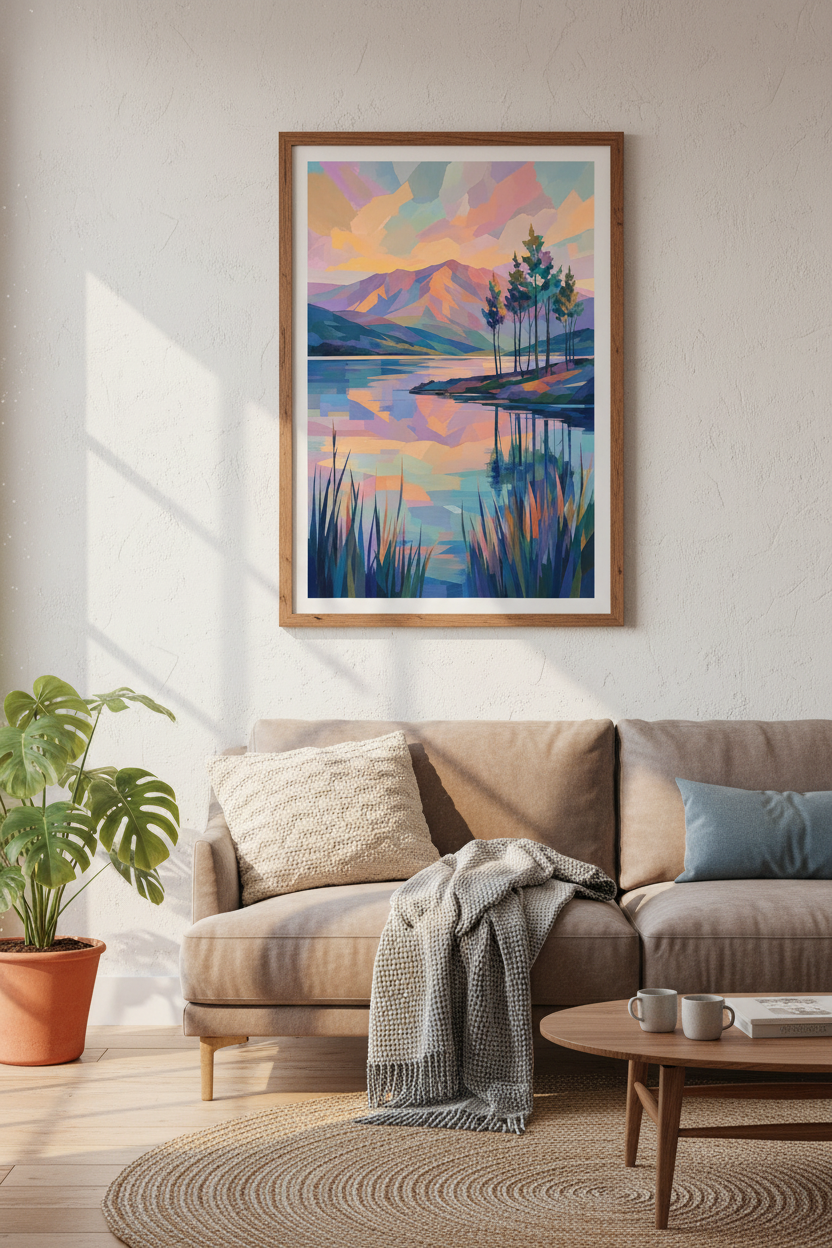 Abstract Mountain Lake Wall Art | Pastel Sunset Landscape, Modern Living Room Decor