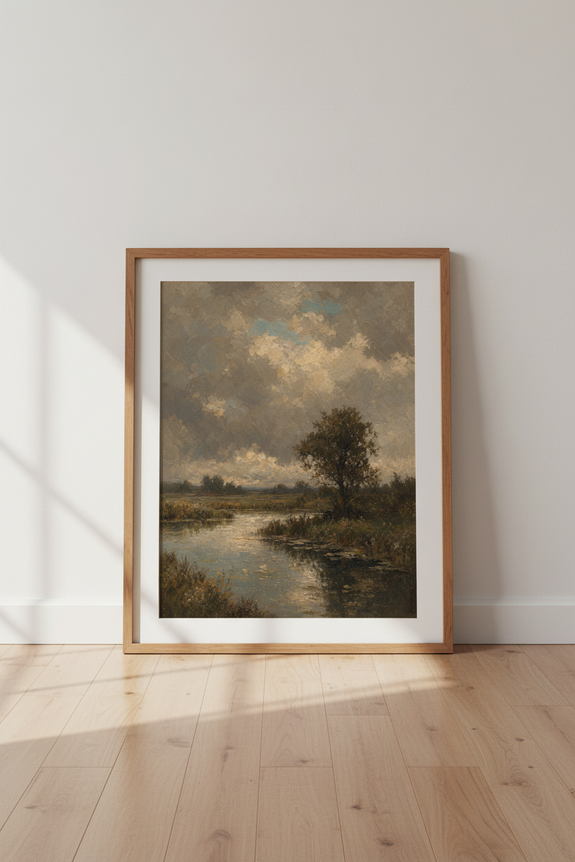 Moody Landscape Art | Impressionist River Scene, Farmhouse Nature Poster