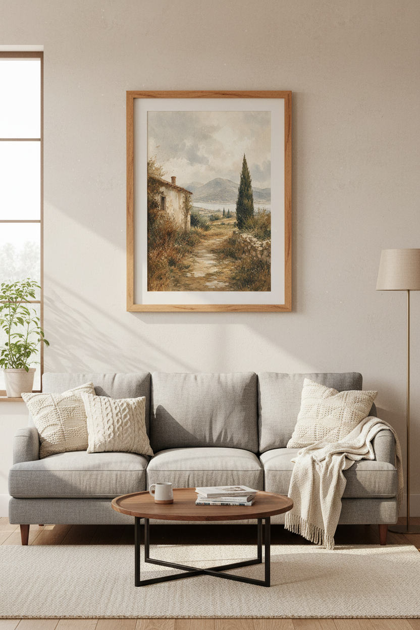 Tuscany Landscape Art Print | Italian Watercolor Poster | Rustic Farmhouse Decor