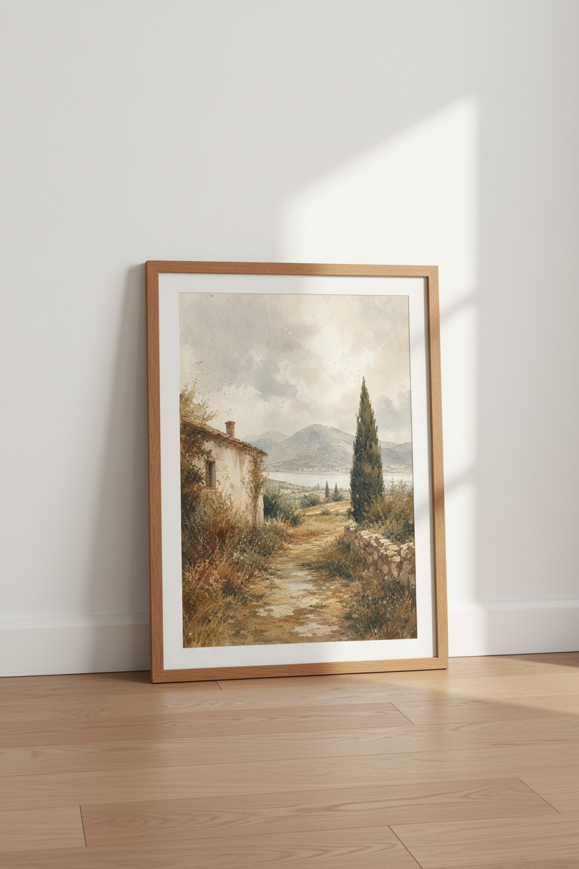 Tuscany Landscape Art Print | Italian Watercolor Poster | Rustic Farmhouse Decor