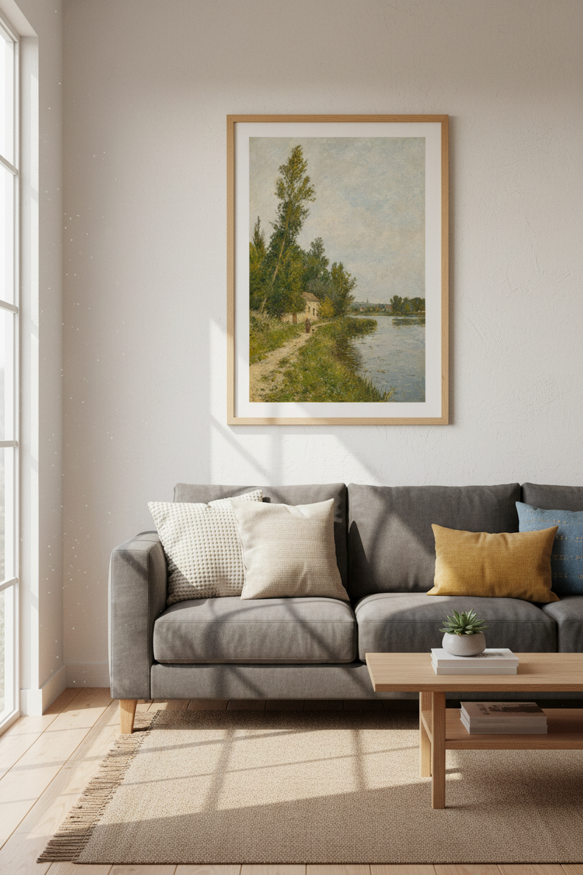 Landscape Wall Art | Impressionist River Scene, Earthy Greens | Living Room Decor