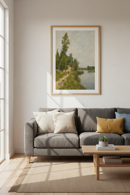 Landscape Wall Art | Impressionist River Scene, Earthy Greens | Living Room Decor