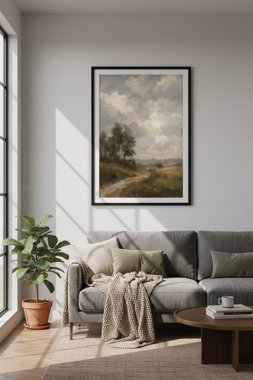 Impressionist Meadow Landscape | Muted Earth Tone Decor, Farmhouse Poster