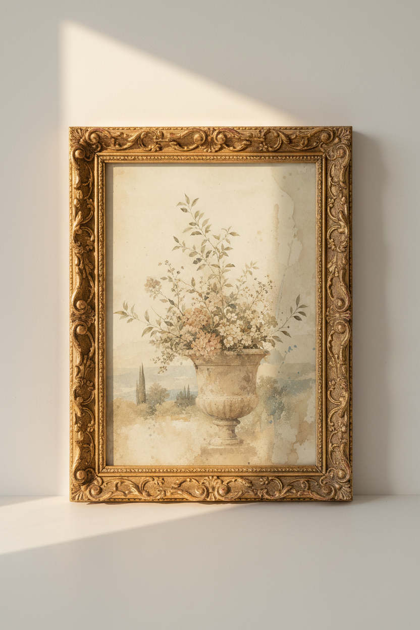 Vintage floral print | Soft sepia tones, Rustic vase decor