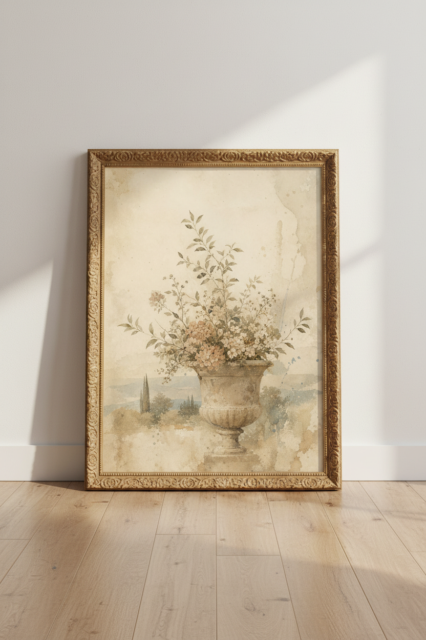 Vintage floral print | Soft sepia tones, Rustic vase decor