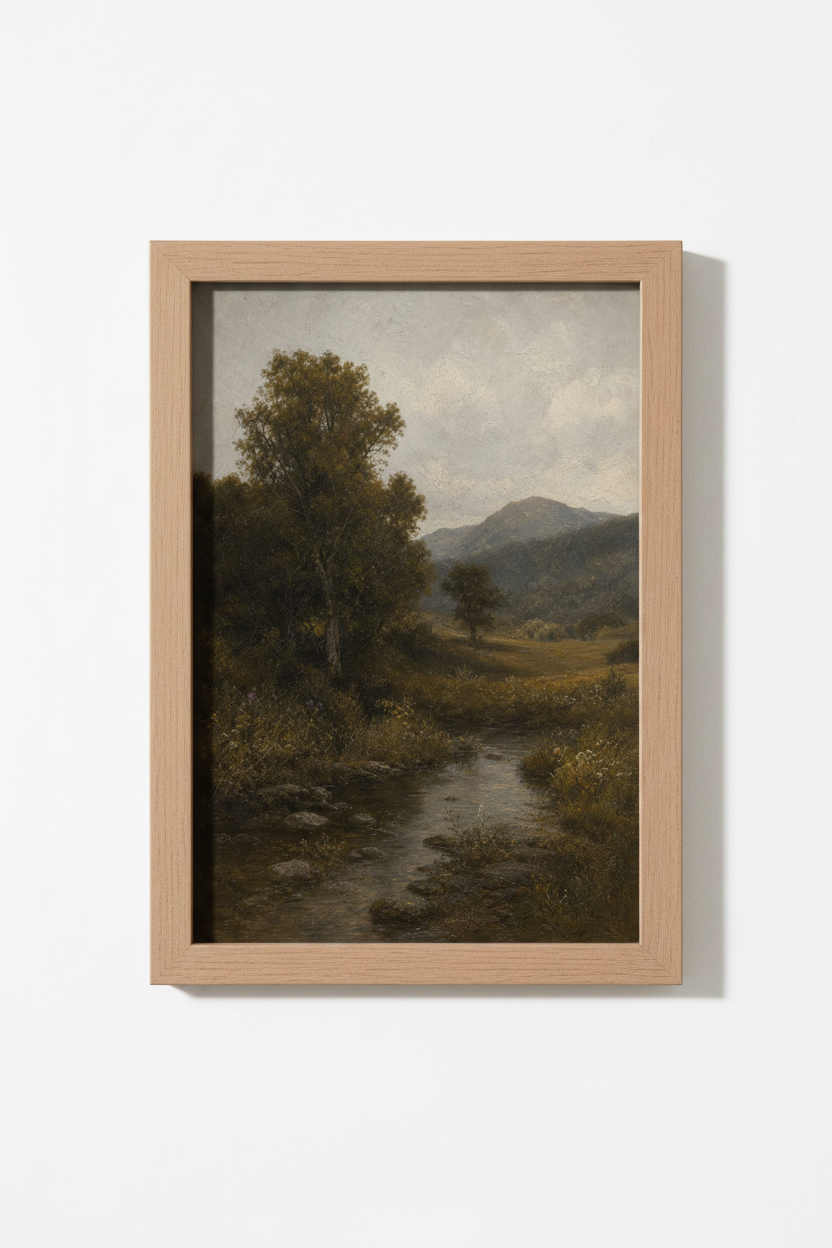 Romantic landscape | Moody greens browns living room decor