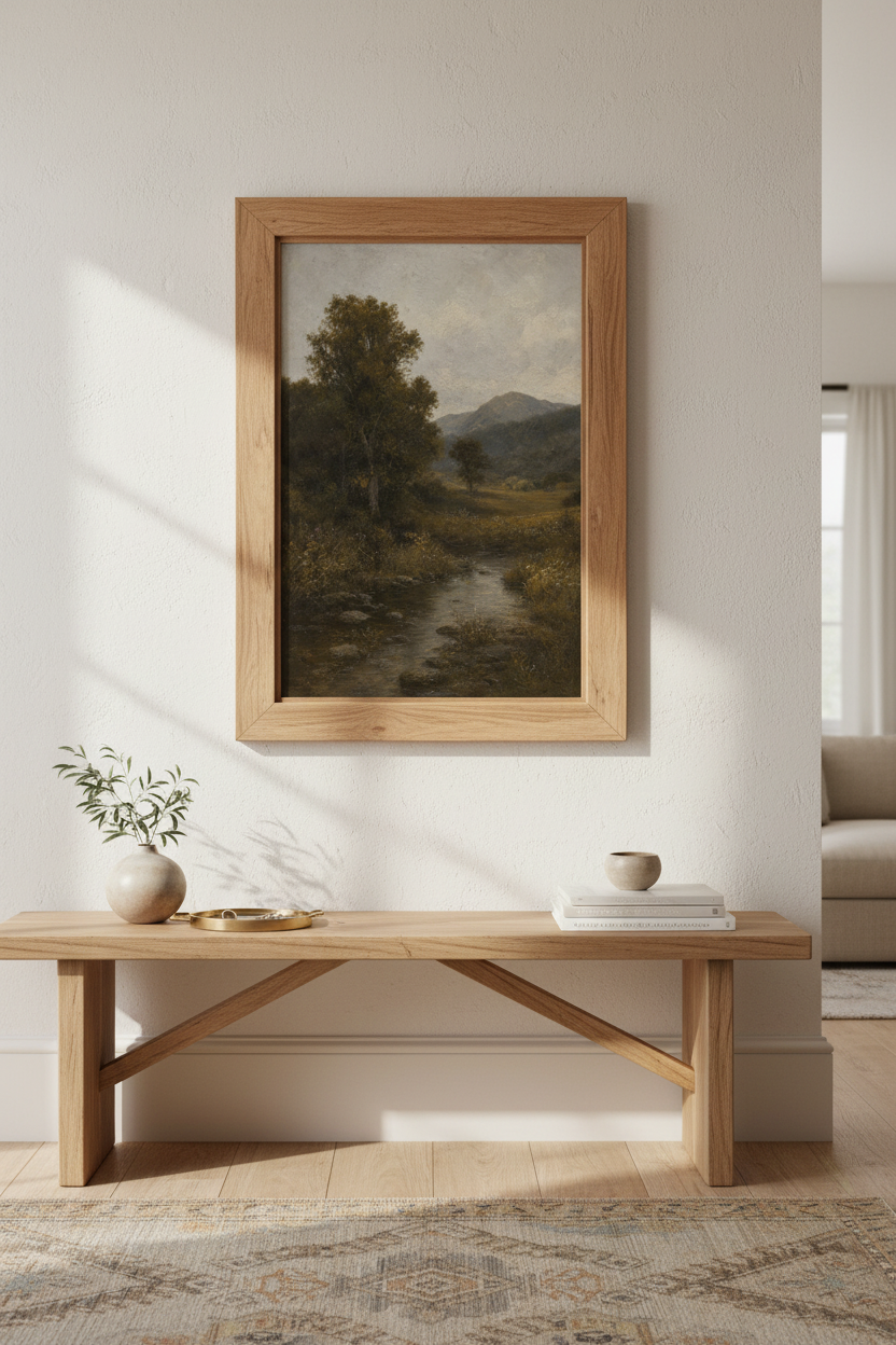 Romantic landscape | Moody greens browns living room decor
