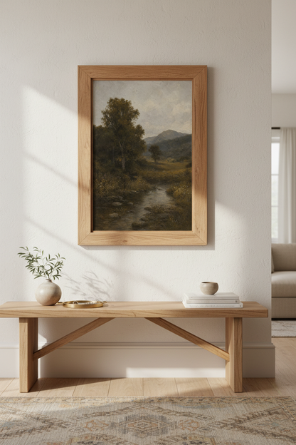 Romantic landscape | Moody greens browns living room decor