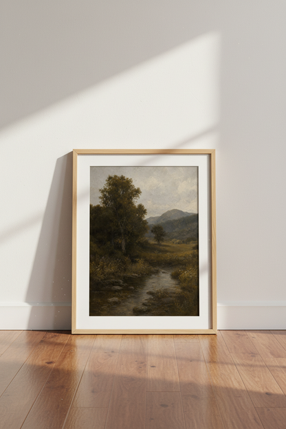 Romantic landscape | Moody greens browns living room decor