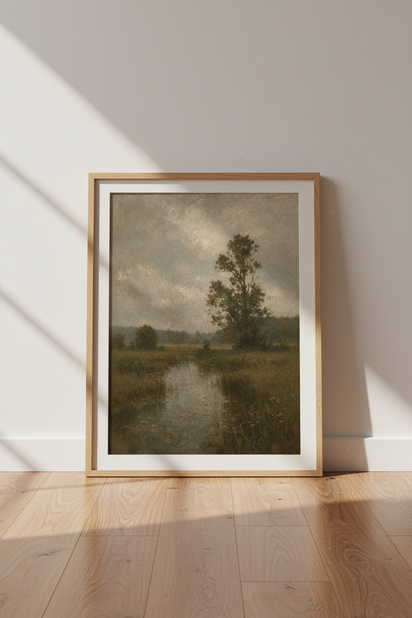 Landscape wall art | Soft greens &amp; tranquil mood | Living room decor poster