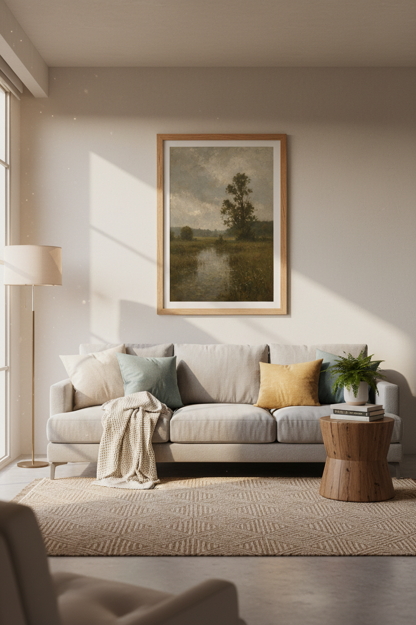 Landscape wall art | Soft greens &amp; tranquil mood | Living room decor poster