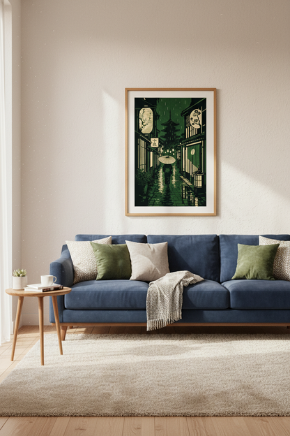 Japanese Rainy Street Art | Green Kyoto Pagoda Print, Dark Academia Decor