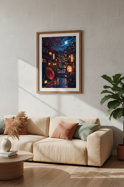 Japanese Street Night Wall Art | Moonlit Cherry Blossom &amp; Lanterns, Zen Decor