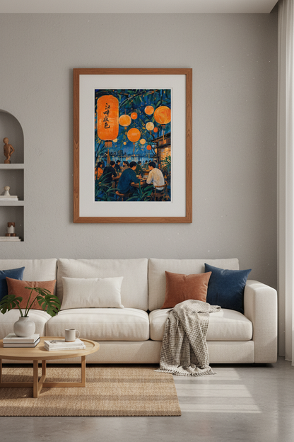 Chinese Lantern Night Market Art | Indigo Blue Landscape, Dining Room Decor