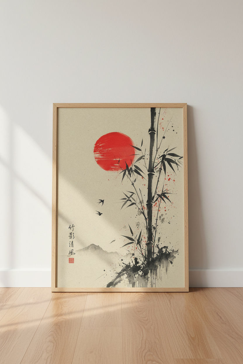 Japanese Bamboo &amp; Red Sun Wall Art | Zen Ink Wash Poster, Living Room Decor