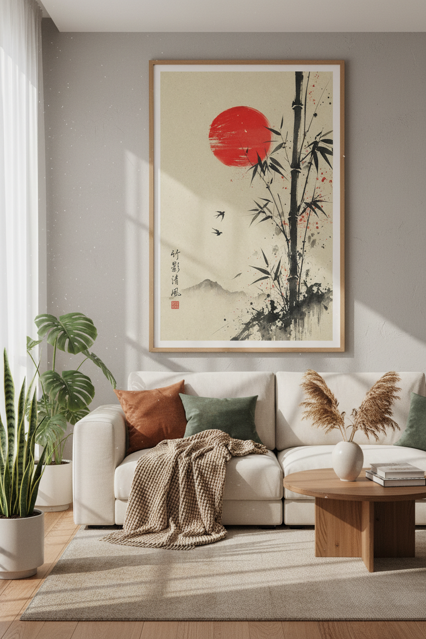Japanese Bamboo &amp; Red Sun Wall Art | Zen Ink Wash Poster, Living Room Decor