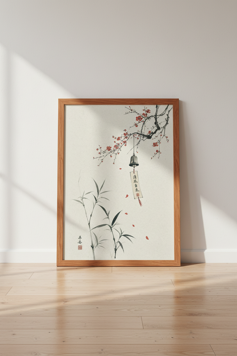 Cherry Blossom &amp; Wind Bell Art | Japanese Ink Poster, Zen Room Decor