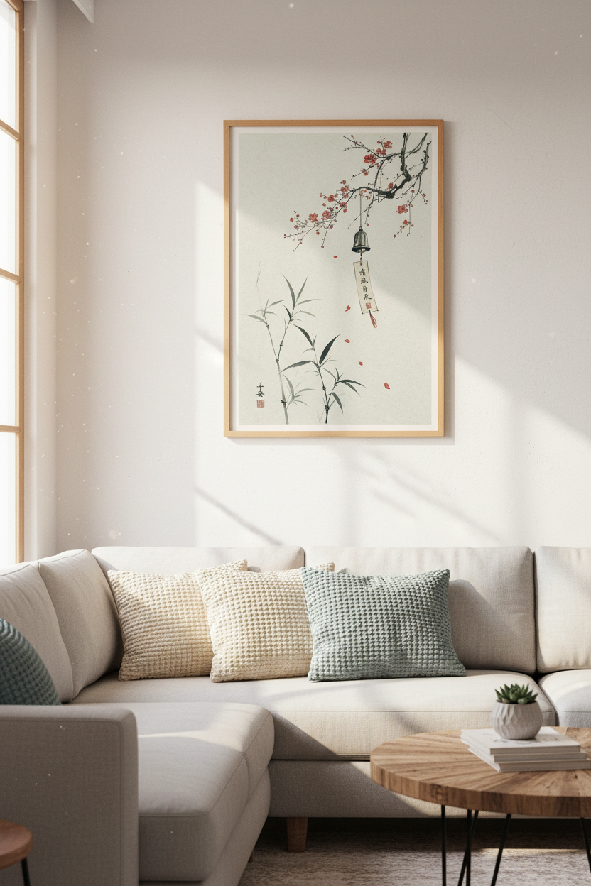 Cherry Blossom &amp; Wind Bell Art | Japanese Ink Poster, Zen Room Decor
