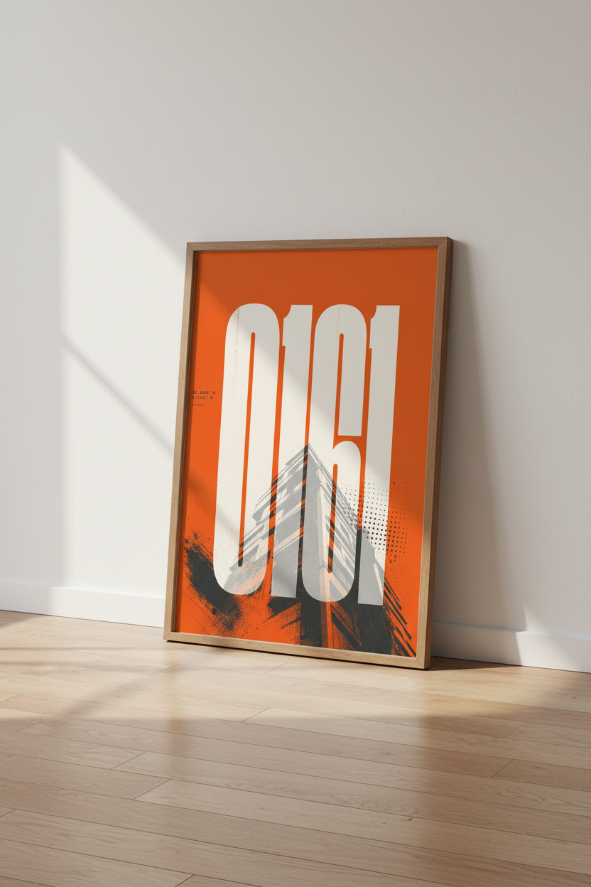 Manchester 0161 Typography Wall Art Print | Urban Orange Decor | Modern Poster