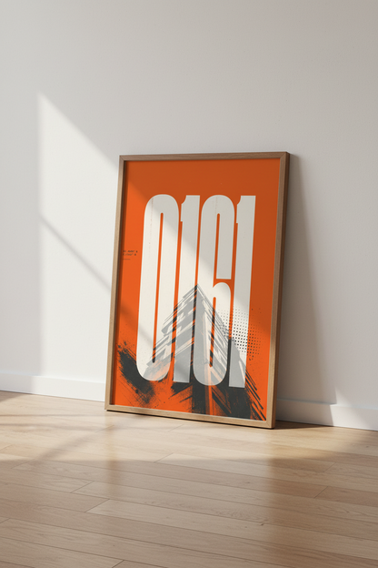 Manchester 0161 Typography Wall Art Print | Urban Orange Decor | Modern Poster