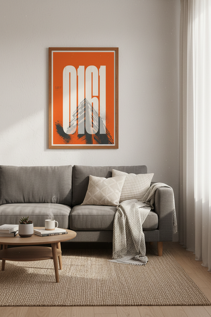 Manchester 0161 Typography Wall Art Print | Urban Orange Decor | Modern Poster