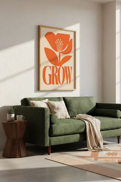 Retro Floral Wall Art Print | Orange Mid Century Modern Poster, Minimalist Flower Decor