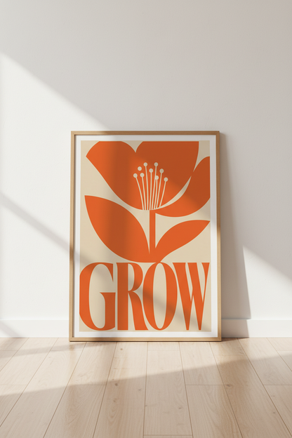 Retro Floral Wall Art Print | Orange Mid Century Modern Poster, Minimalist Flower Decor