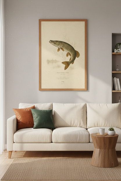 Northern Pike Vintage Fish Print | Rustic Lake House Wall Art | Antique Nature Poster