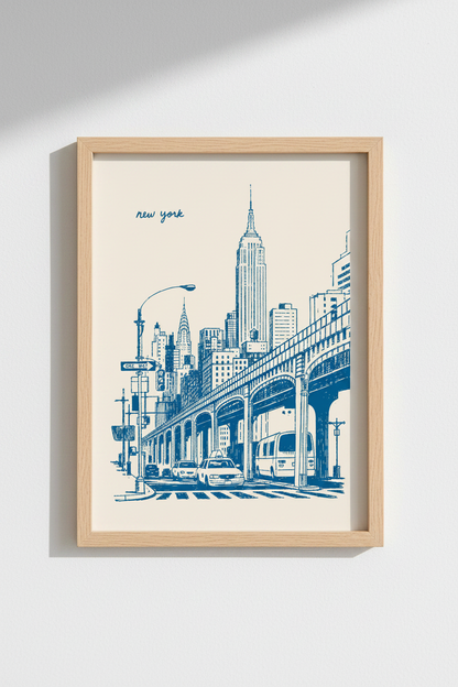 New York City Sketch | Blue NYC Skyline Wall Art Print, Manhattan Travel Decor