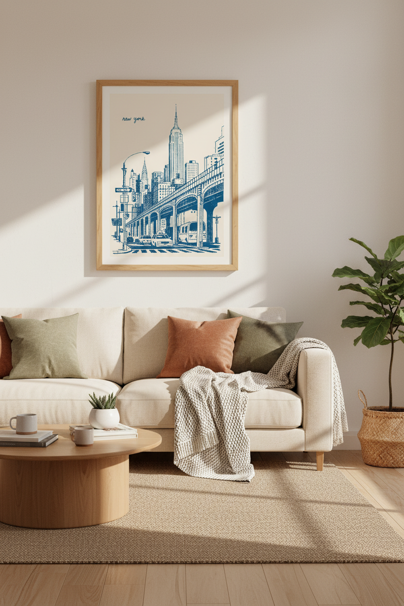 New York City Sketch | Blue NYC Skyline Wall Art Print, Manhattan Travel Decor