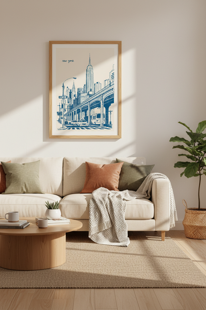 New York City Sketch | Blue NYC Skyline Wall Art Print, Manhattan Travel Decor