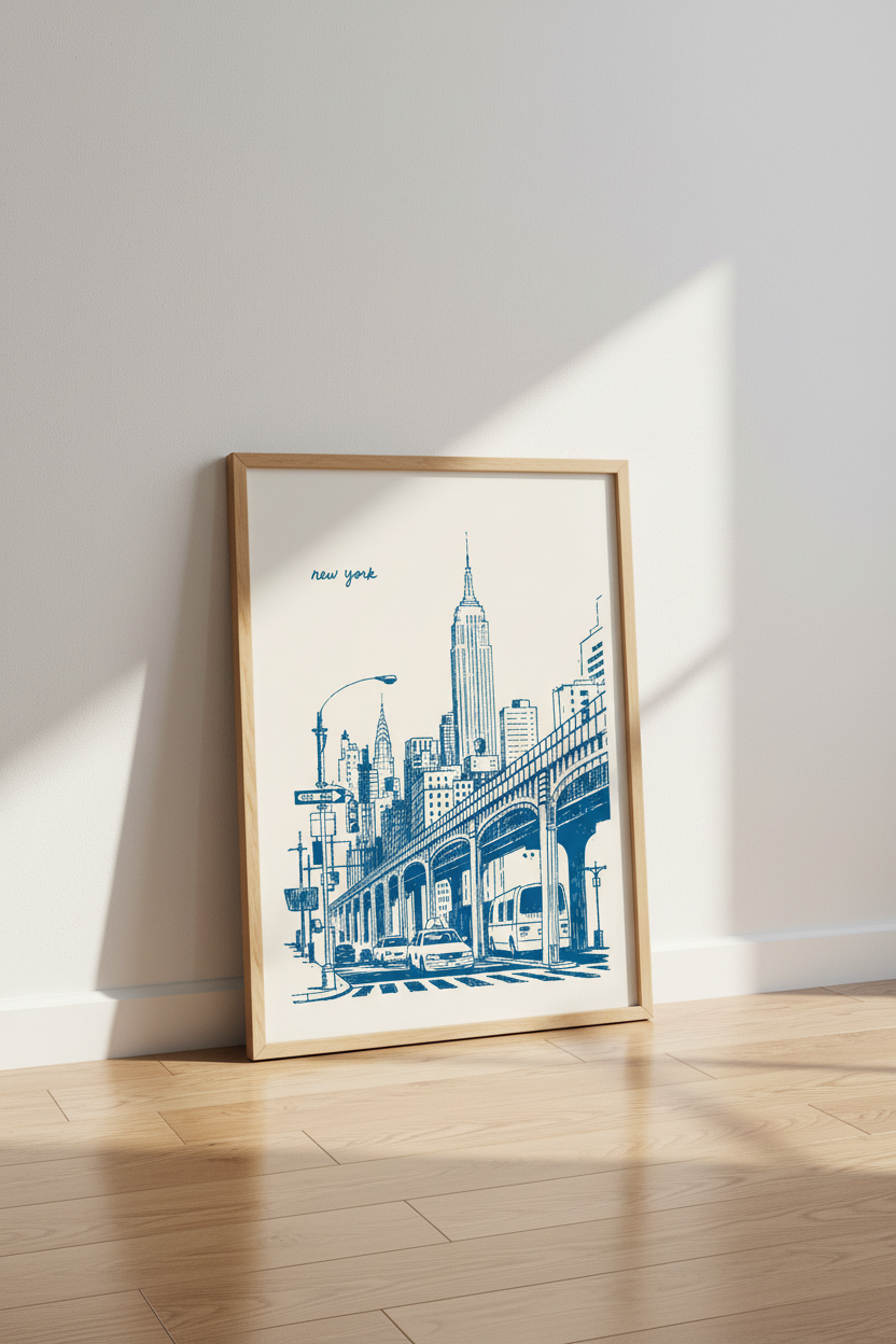New York City Sketch | Blue NYC Skyline Wall Art Print, Manhattan Travel Decor