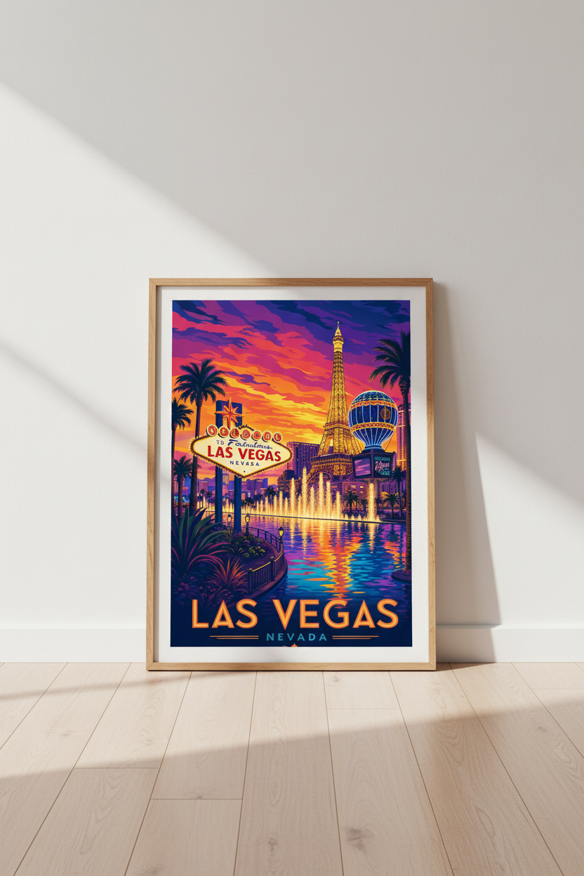 Las Vegas Retro Travel Poster | Vibrant Neon Strip Wall Art | Game Room Decor