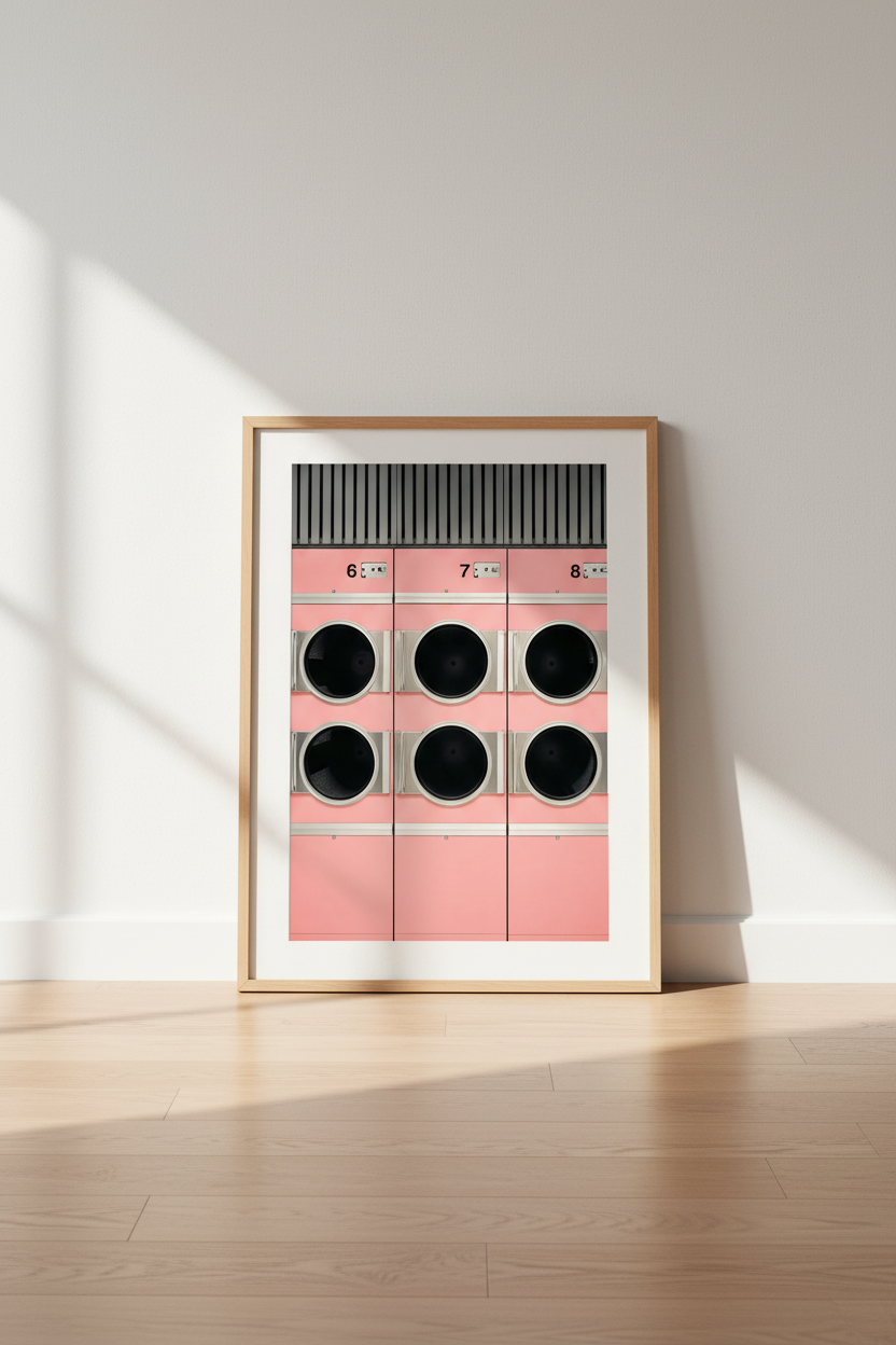 Pink Laundromat Art | Vibrant Rosy Hues, Living Room Decor | Retro Chic Poster