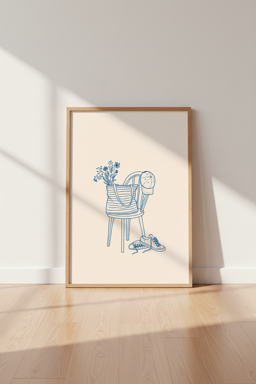 Blue Line Art Still Life Print | Minimalist Navy Decor | Aesthetic Poster