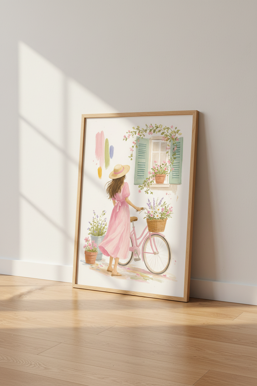 French Cottage Girl with Pink Bicycle Art | Sage Green Nursery Decor | Pastel Poster