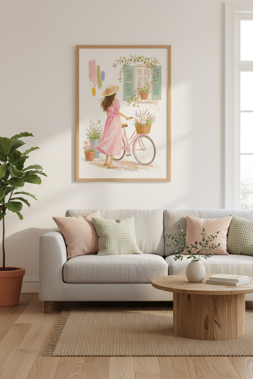 French Cottage Girl with Pink Bicycle Art | Sage Green Nursery Decor | Pastel Poster
