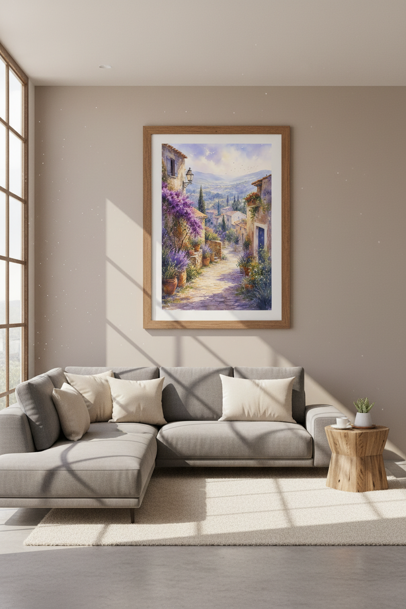 Italian Village Watercolor | Mediterranean Landscape Art, Living Room Decor