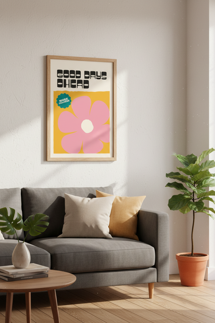 Retro Pink Flower | Good Days Ahead Wall Art, Mod Typography Poster