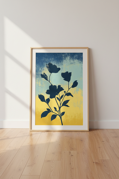 Abstract Navy Floral Silhouette | Blue and Yellow Botanical Print, Modern Living Room Art