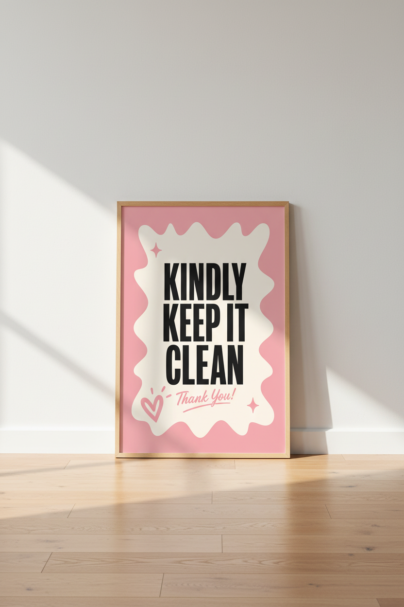 Kindly Keep It Clean Wall Art | Pink Retro Room Decor | Preppy Poster
