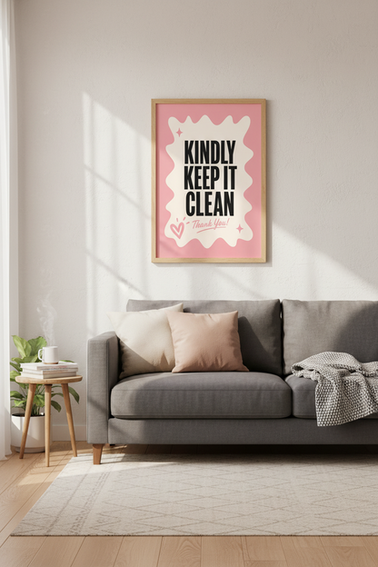 Kindly Keep It Clean Wall Art | Pink Retro Room Decor | Preppy Poster