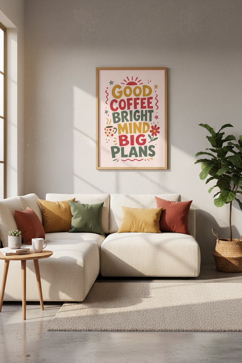 Good Coffee Bright Mind Poster | Retro Boho Typography Print, Office Decor