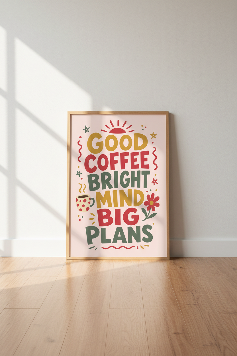 Good Coffee Bright Mind Poster | Retro Boho Typography Print, Office Decor