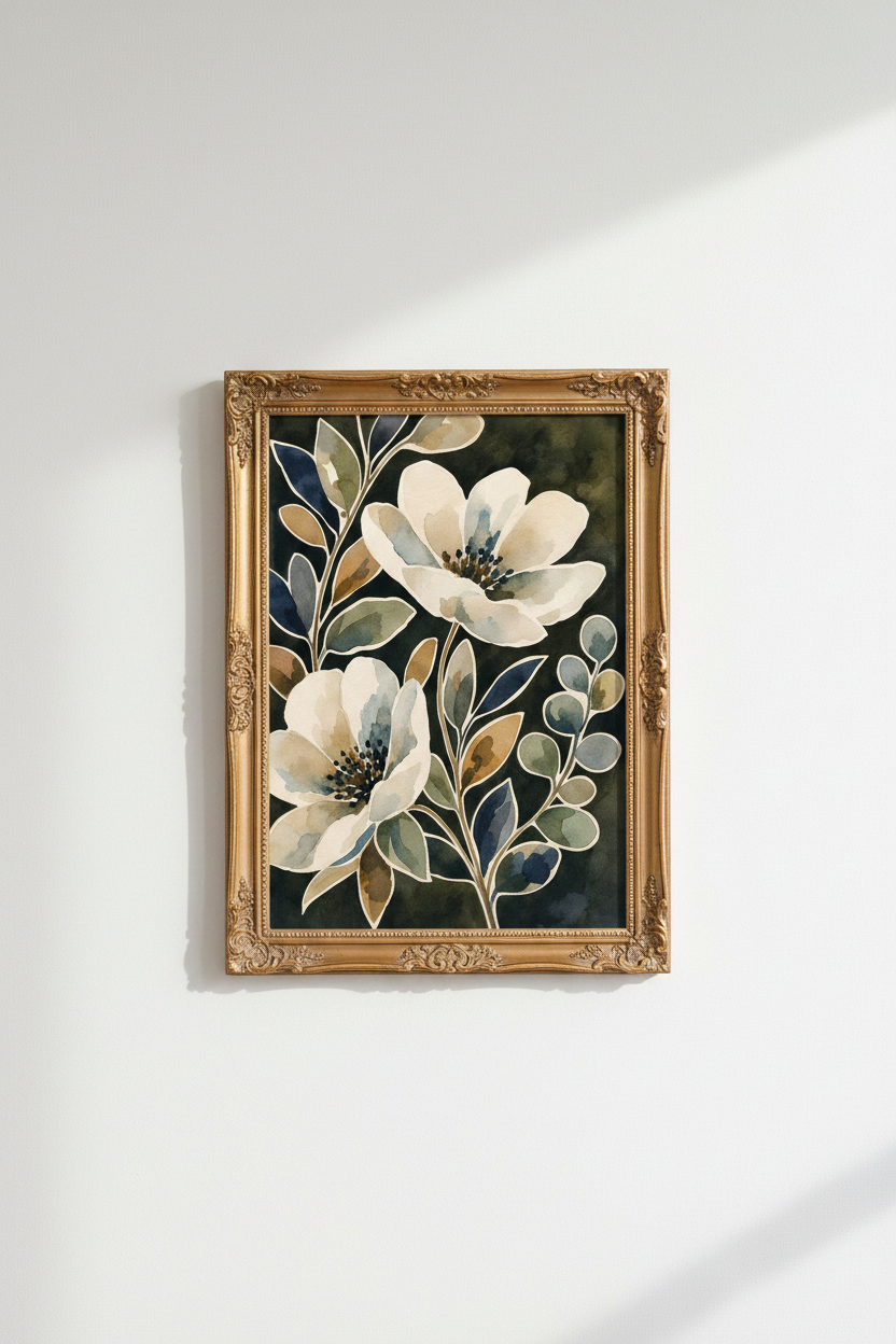 botanical wall art | watercolor florals, deep green backdrop | living room decor