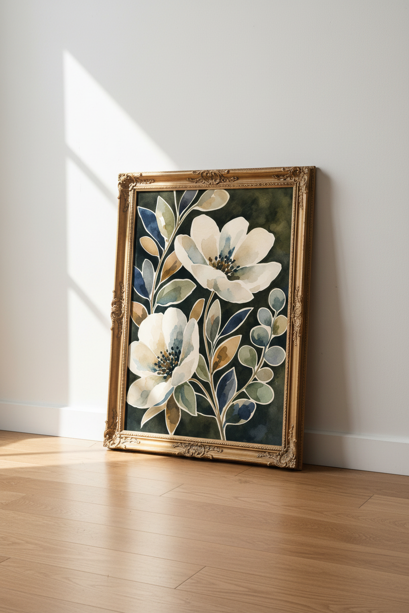 botanical wall art | watercolor florals, deep green backdrop | living room decor