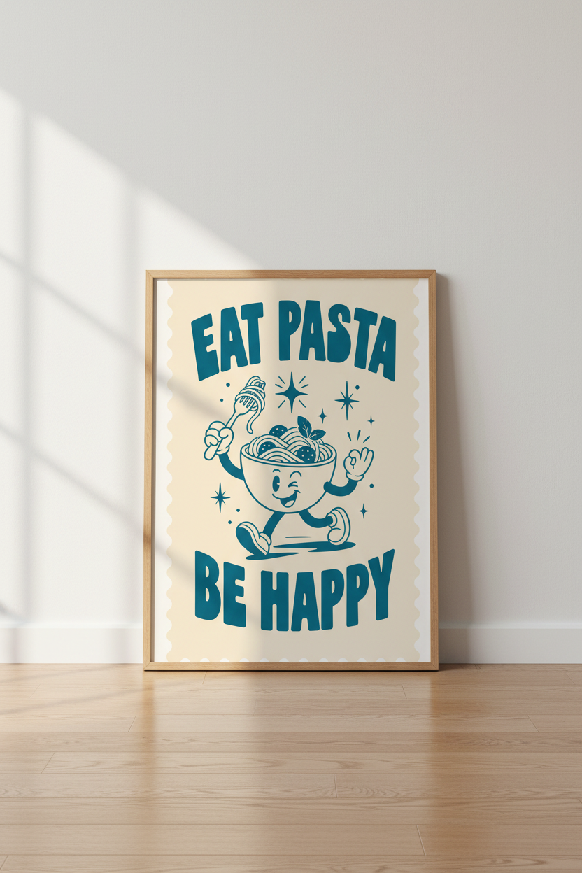 Eat Pasta Be Happy Poster | Retro Cartoon Kitchen Wall Art, Teal Foodie Decor