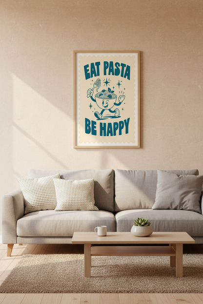 Eat Pasta Be Happy Poster | Retro Cartoon Kitchen Wall Art, Teal Foodie Decor